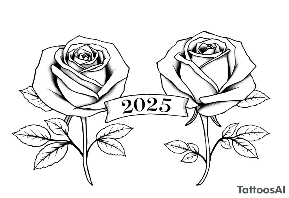 two beautiful large rose buds, one larger than the other, with many leaves next to the rose buds, with one sitting higher than the other. Include a banner connecting the two roses with the year "2025" on it.   Use dark outlines with little shading. The two stems should be short, not long, and connect and join into one stem, whimsically curved or twisted - not straight down. tattoo idea