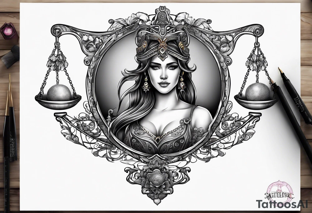 Intricate libra scales held by a beautiful woman tattoo idea