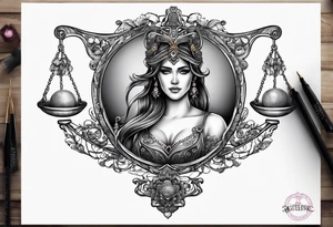 Intricate libra scales held by a beautiful woman tattoo idea