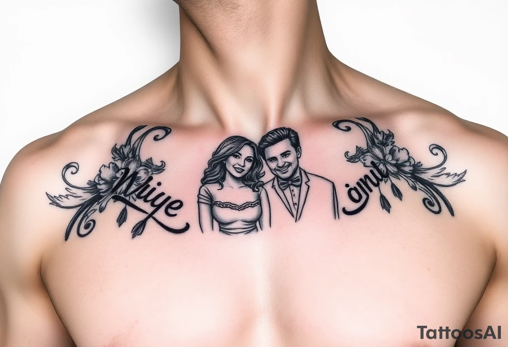 chest tattoo resembling wife and kids tattoo idea