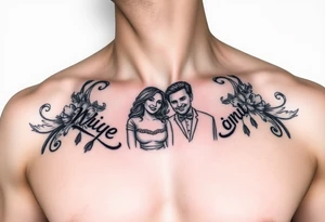 chest tattoo resembling wife and kids tattoo idea