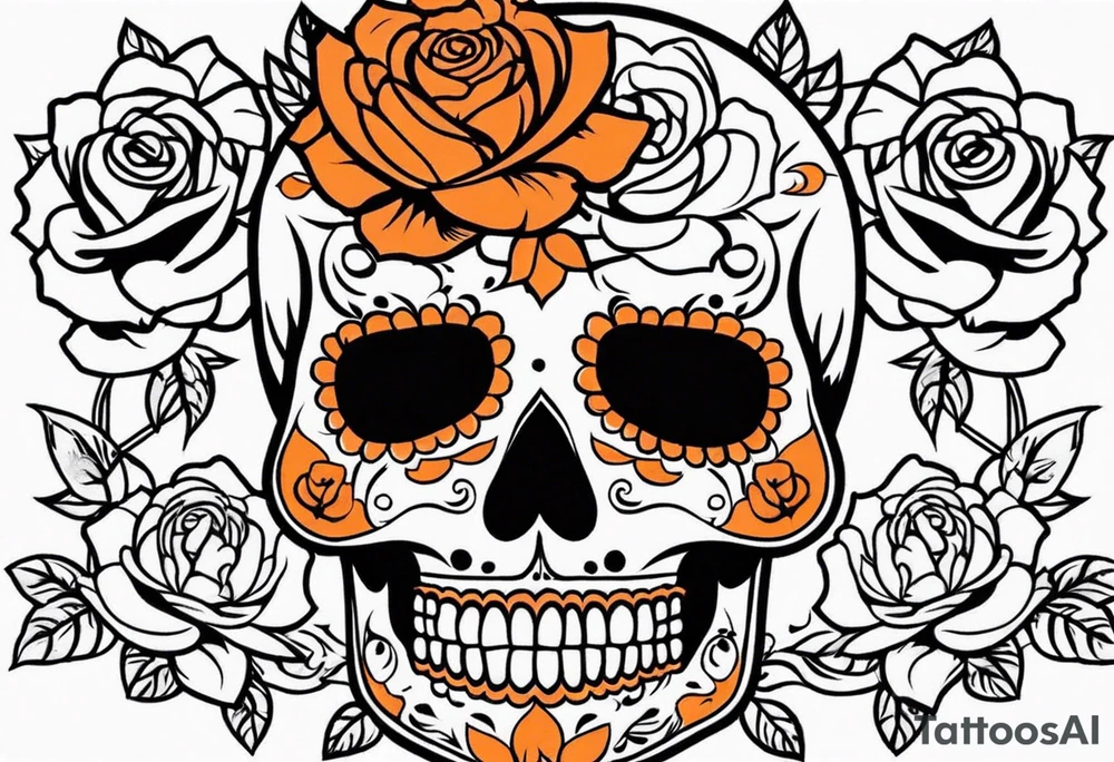 Sugar skull with roses that are orange and black with smoke around it tattoo idea