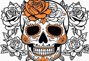 Sugar skull with roses that are orange and black with smoke around it tattoo idea