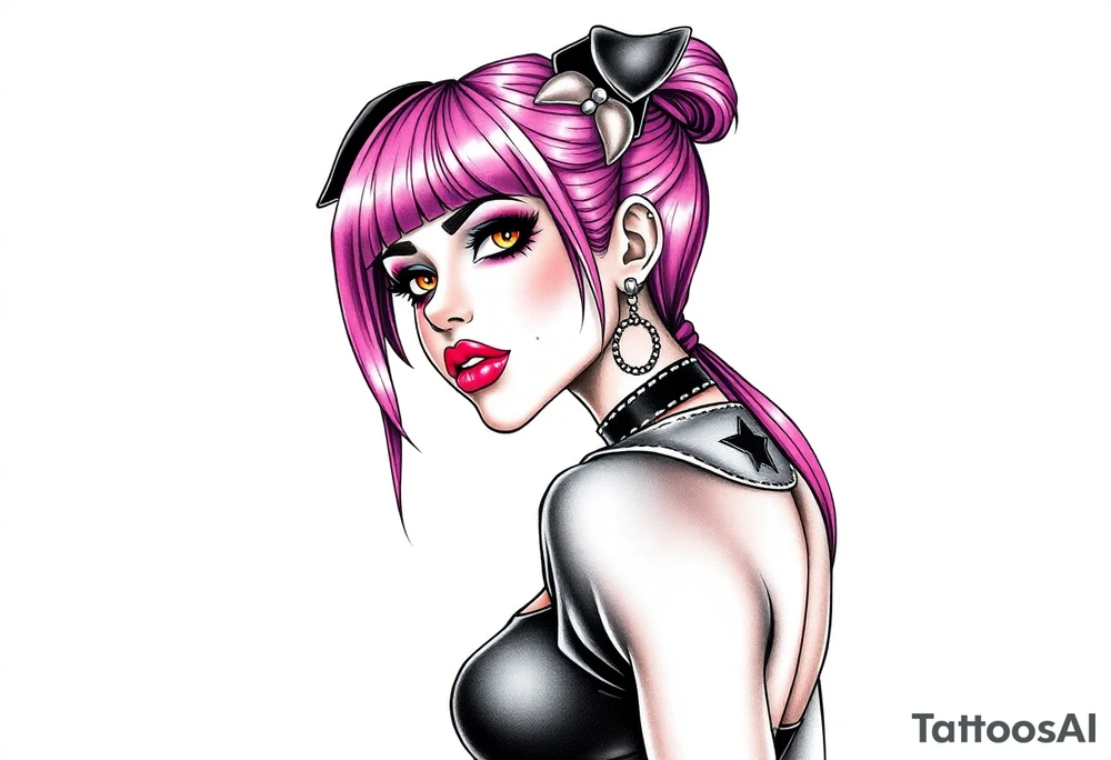 hot goth girl with puppy ears and with piercings on face and big boobs and big butt with black outfit on with pink hair tattoo idea