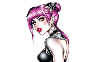 hot goth girl with puppy ears and with piercings on face and big boobs and big butt with black outfit on with pink hair tattoo idea