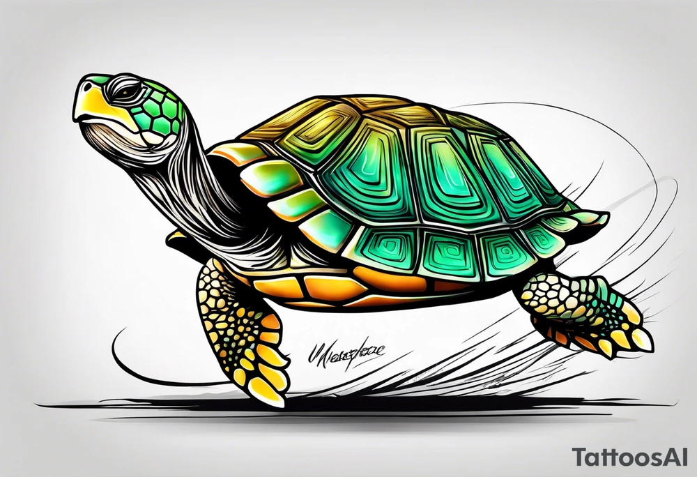 Turtle running across the finish line of a marathon tattoo idea