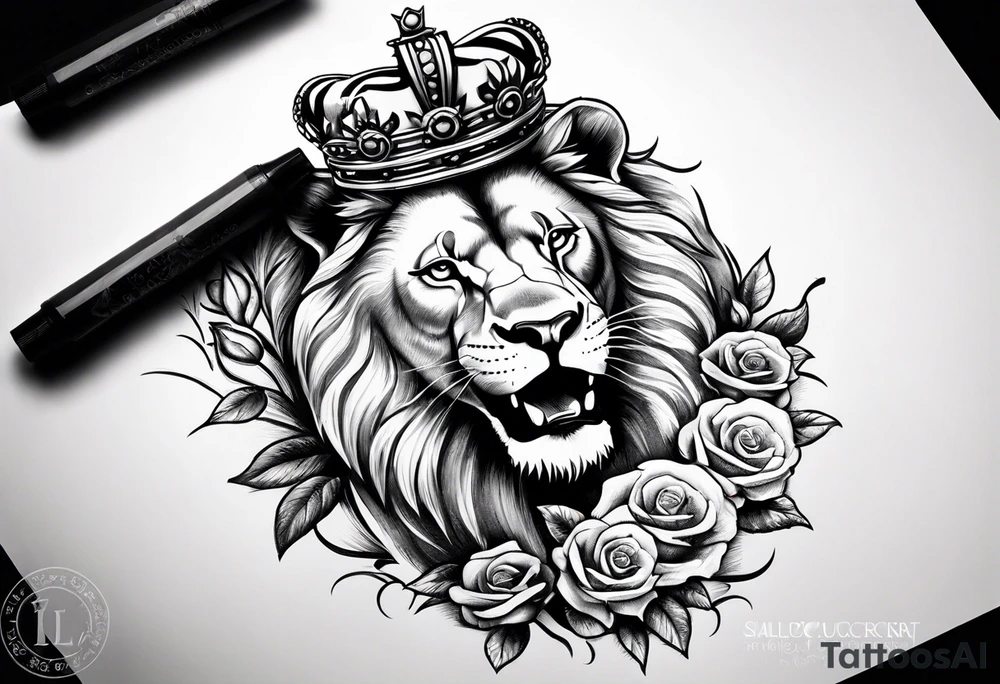 Lion with crown roaring with roses tattoo idea