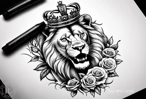 Lion with crown roaring with roses tattoo idea
