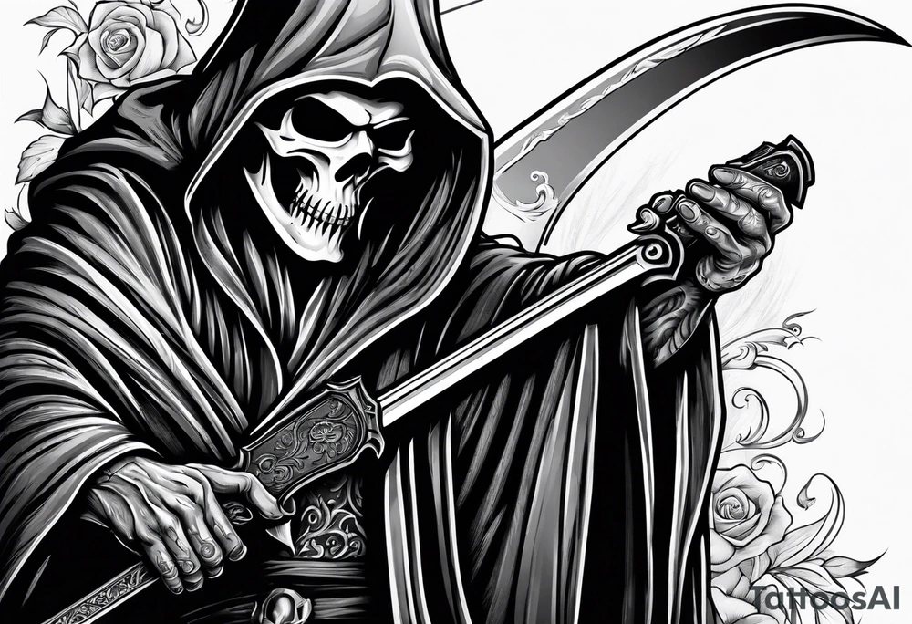 grim reaper with sword and pistol tattoo idea