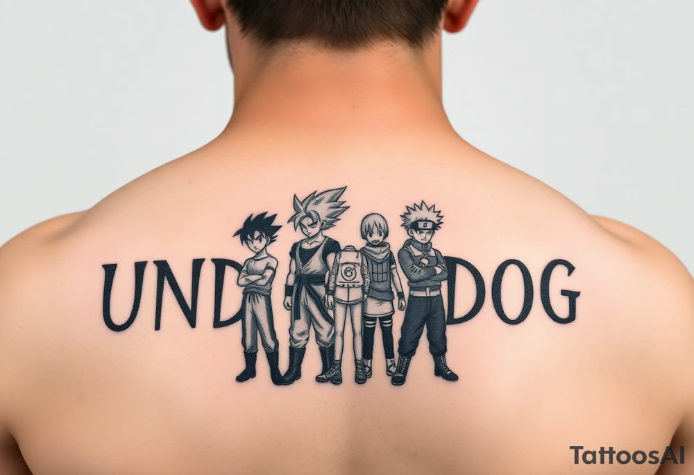the word underdog in a cool font with 3 anime characters Goku ippo and Naruto one standing in the middle one standing on the right and one standing on the left
 on a shoulder tattoo idea