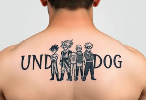 the word underdog in a cool font with 3 anime characters Goku ippo and Naruto one standing in the middle one standing on the right and one standing on the left
 on a shoulder tattoo idea