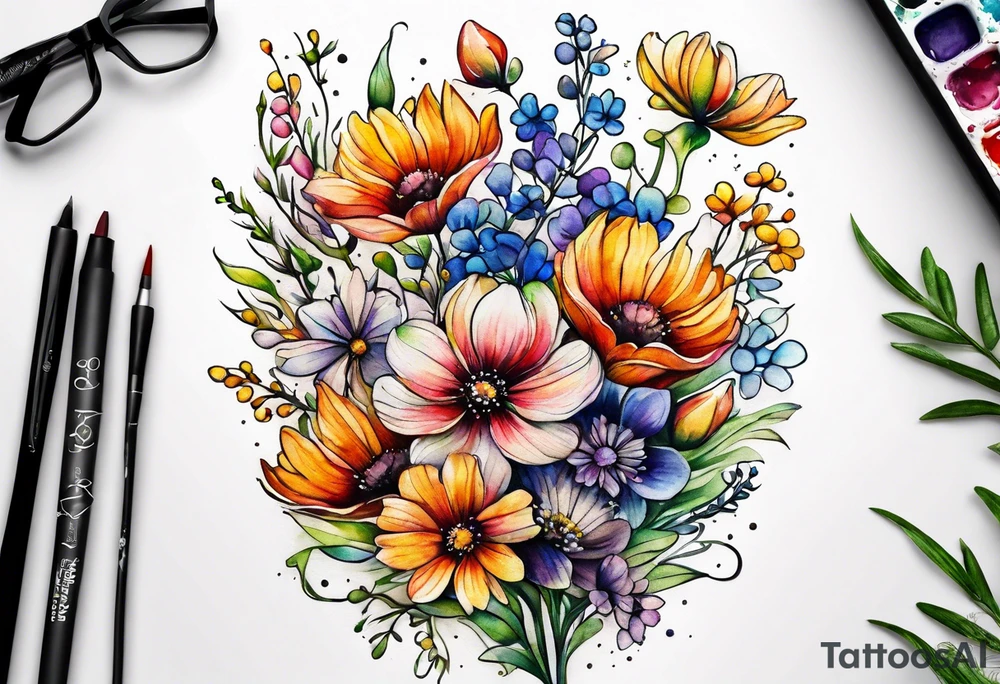 wild flowers long stems bouquet all watercolor tattoo idea