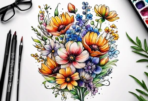 wild flowers long stems bouquet all watercolor tattoo idea