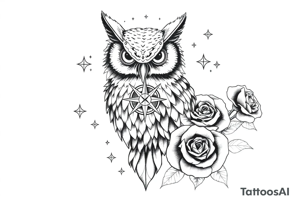 an owl,compass,roses,stars. tattoo idea