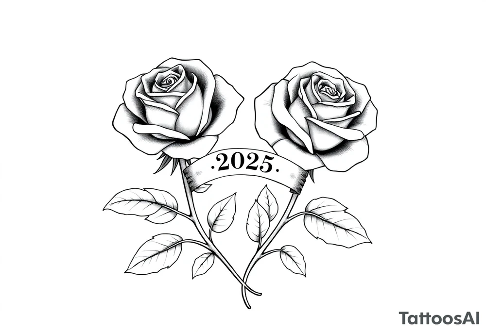 two beautiful large rose buds, one larger than the other, with many leaves next to the rose buds, with one sitting higher than the other. Include a banner connecting the two roses with the year "2025" on it.   Use dark outlines with little shading. The two stems should be short, not long, and connect and join into one stem, whimsically curved or twisted - not straight down. tattoo idea