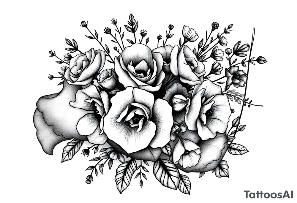 vintage bouquet of wild roses and meadow flowers with morning dew tattoo idea