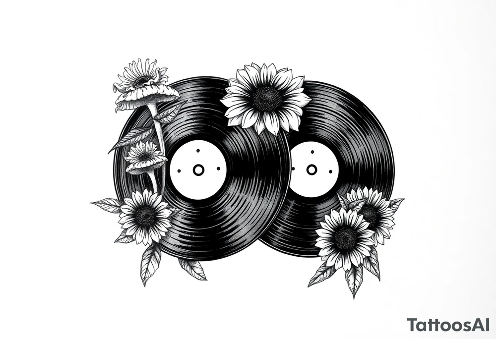 two overlapping vinyl records with mushrooms and sunflowers tattoo idea