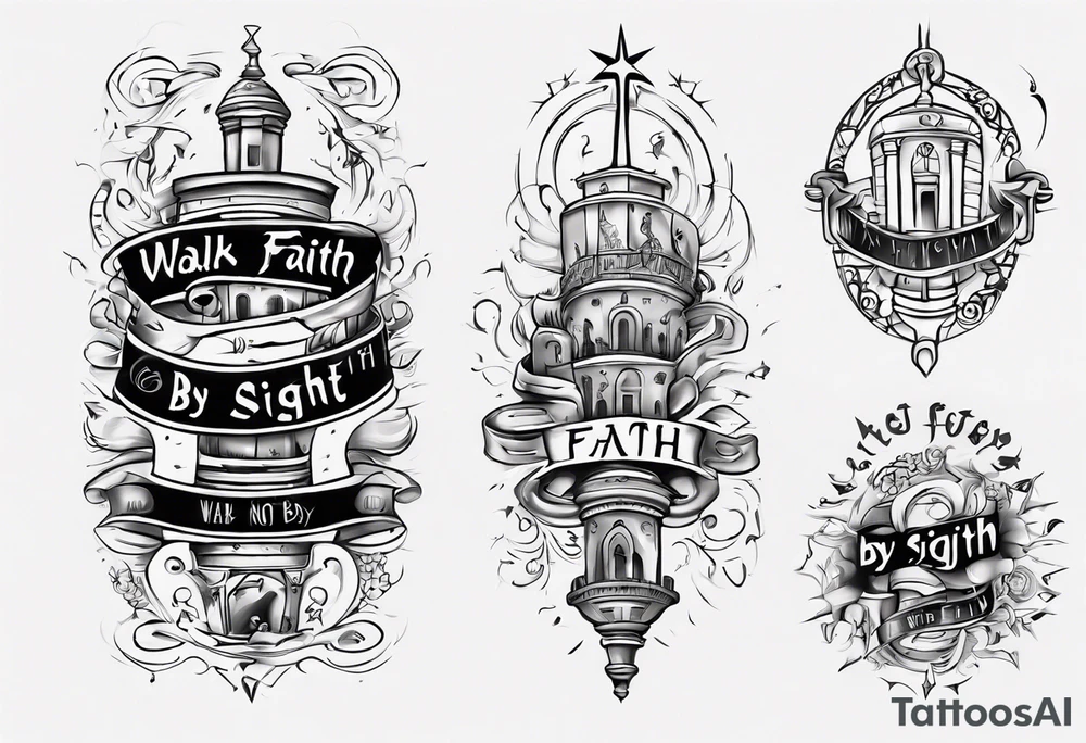 “walk by faith, not by sight” stairwell wrapping around the quote. This design captures the essence of the journey guided by faith. tattoo idea