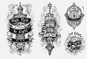 “walk by faith, not by sight” stairwell wrapping around the quote. This design captures the essence of the journey guided by faith. tattoo idea