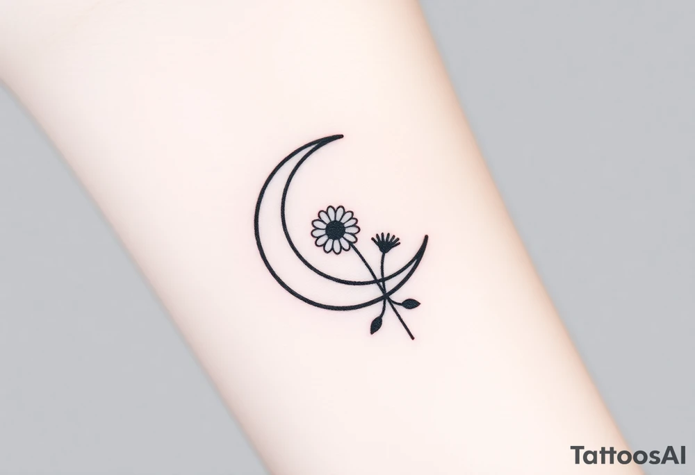 Small black and white tattoo waxing crescent moon with small Daisy birth flower and tiny leo gliph tattoo idea