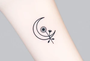 Small black and white tattoo waxing crescent moon with small Daisy birth flower and tiny leo gliph tattoo idea