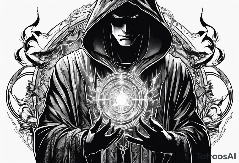 Hooded figure with a ring of lightning behind him tattoo idea