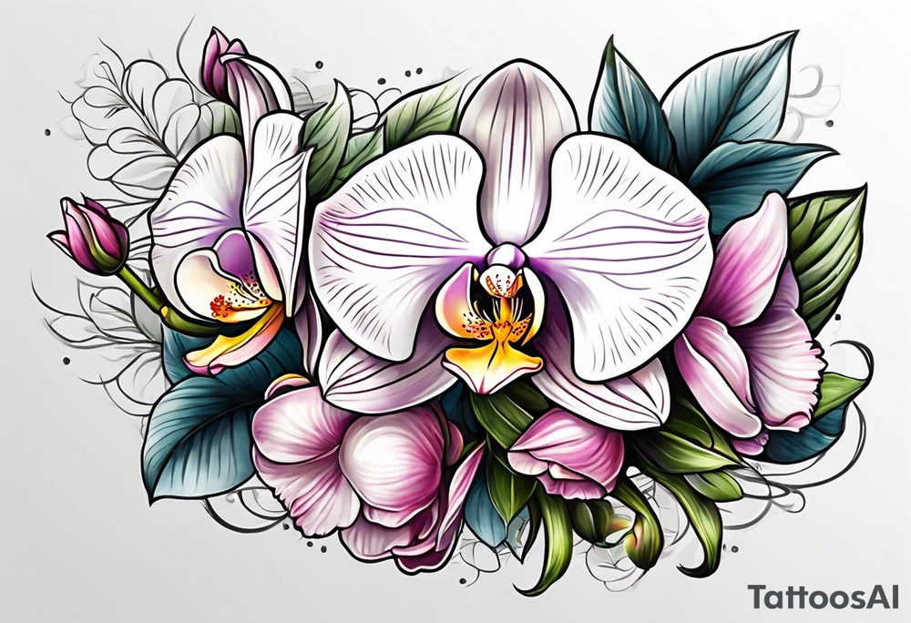 Cymbidum orchid with roses on each side tattoo idea