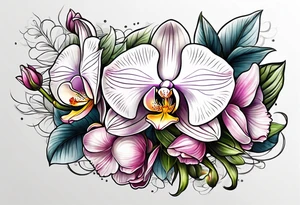 Cymbidum orchid with roses on each side tattoo idea