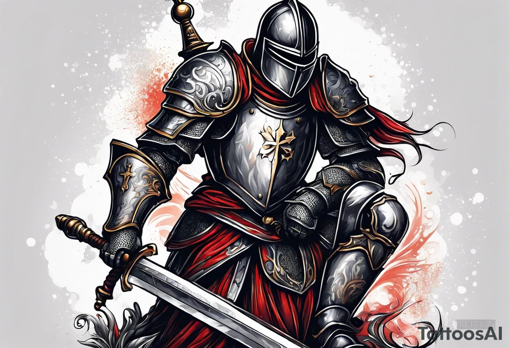 knight kneeling cross of saint george in background tattoo idea
