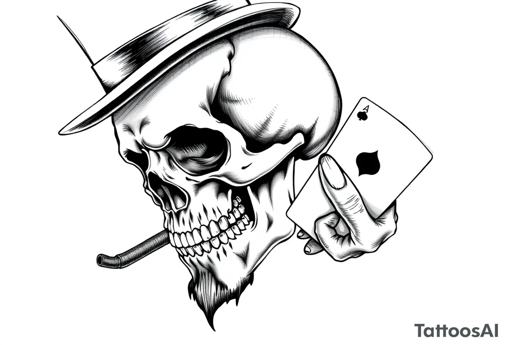 a skull with mustache,top-hat, cigar in his mouth and playing cards in a hand. tattoo idea