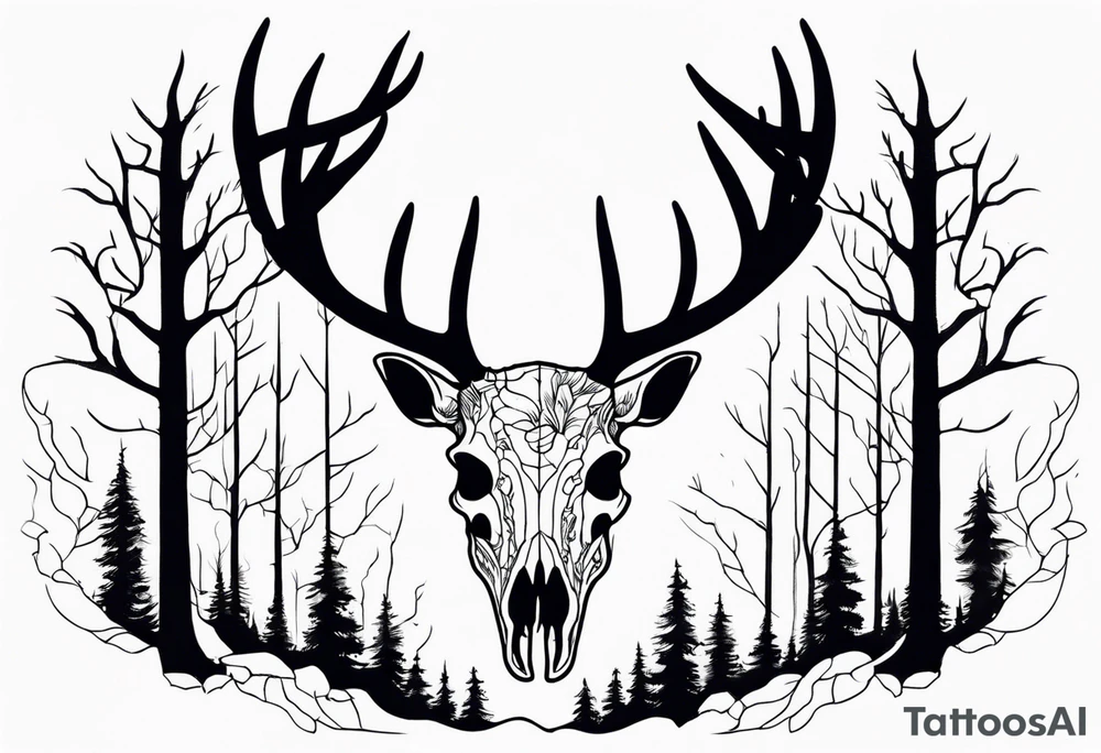 A side view of decayed deer skull surrounded by trees and fire tattoo idea