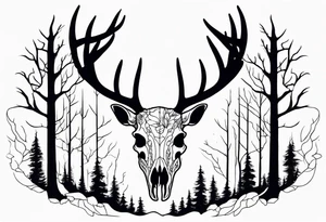 A side view of decayed deer skull surrounded by trees and fire tattoo idea