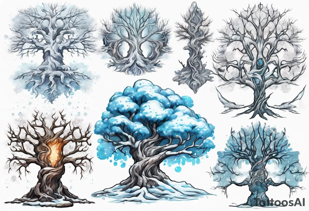 Snowy fantasy tree tattoo idea