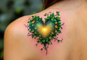 An ivy-covered heart emerging from the skin, shaded in deep emerald and glowing gold, symbolizing everlasting love. tattoo idea