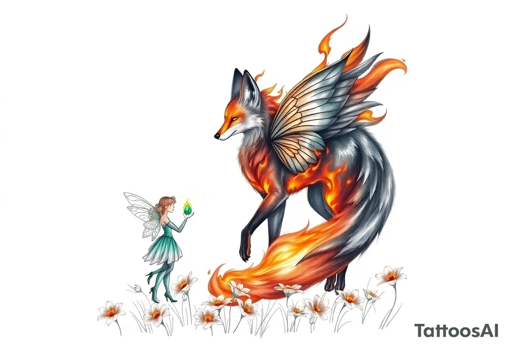 Fox made of fire with a fairy standing close to it  holding a emerild jem in a field of lillys tattoo idea