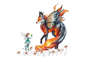 Fox made of fire with a fairy standing close to it  holding a emerild jem in a field of lillys tattoo idea