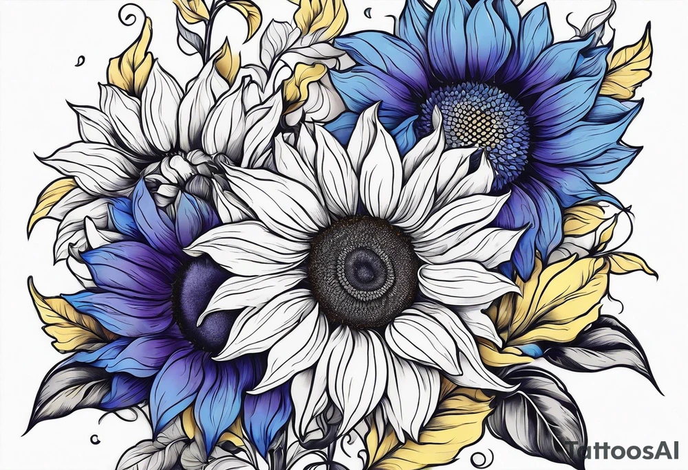 Blue yellow and purple sunflowers arm sleeve tattoo idea