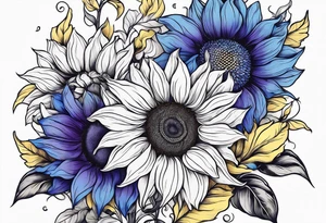 Blue yellow and purple sunflowers arm sleeve tattoo idea