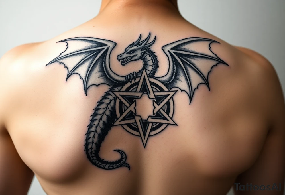 Masculine beautiful realistic dragon holding celtic star tattoo idea