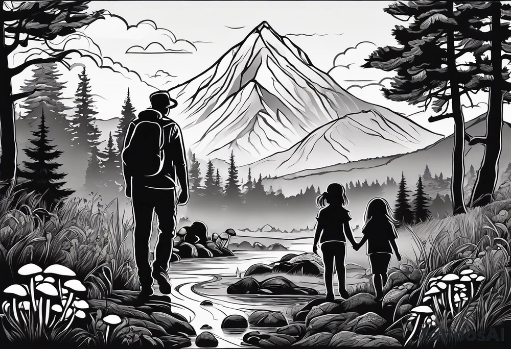 Family silhouette of a father, a mother, oldest son, middle daughter, and small daughter foraging mushrooms with mountains and creek in background tattoo idea