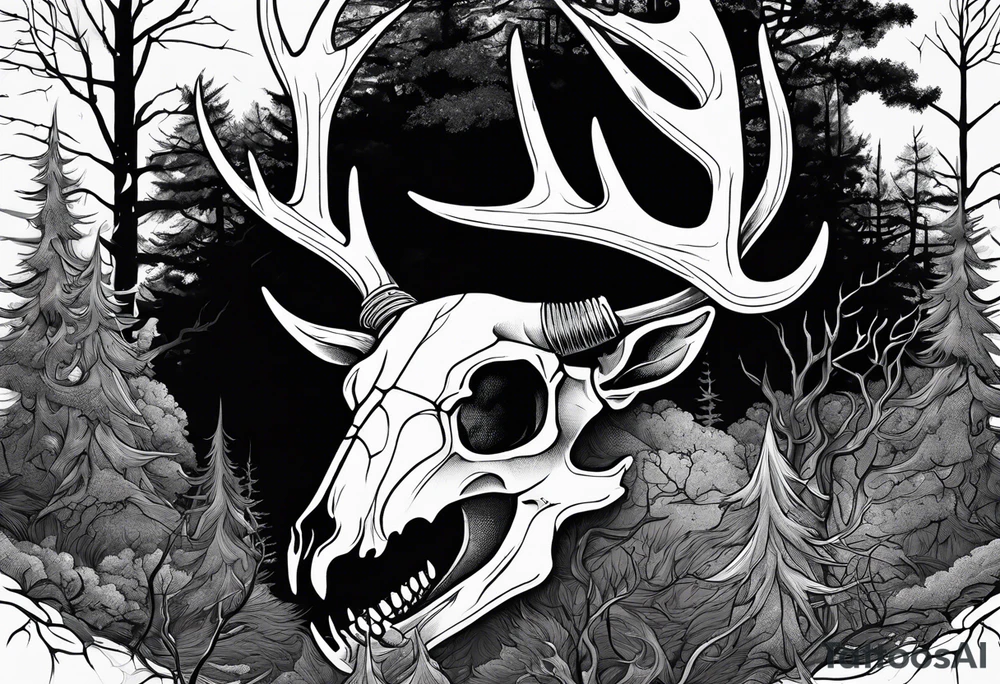 A side view of a decayed deer skull JUST BONE surrounded by trees and fire in background tattoo idea