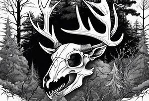 A side view of a decayed deer skull JUST BONE surrounded by trees and fire in background tattoo idea