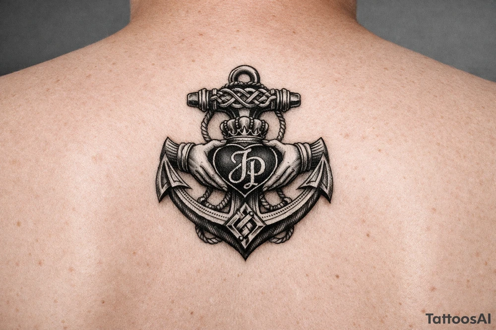 celtic anchor with claddagh symbol and interlocked Jp intials in the heart of the claddagh tattoo idea