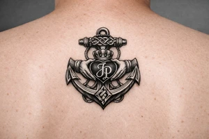 celtic anchor with claddagh symbol and interlocked Jp intials in the heart of the claddagh tattoo idea
