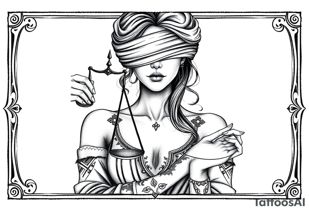 Fortuna's card as a beautiful woman with eyes covered with material, holds a scale in her hands. This character have to be in a card/frame. Do this woman without named tattoo idea