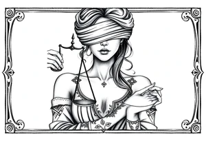 Fortuna's card as a beautiful woman with eyes covered with material, holds a scale in her hands. This character have to be in a card/frame. Do this woman without named tattoo idea