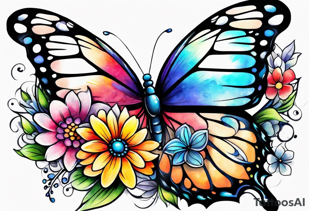 Colorful flowers and butterflies half arm sleeve tattoo idea