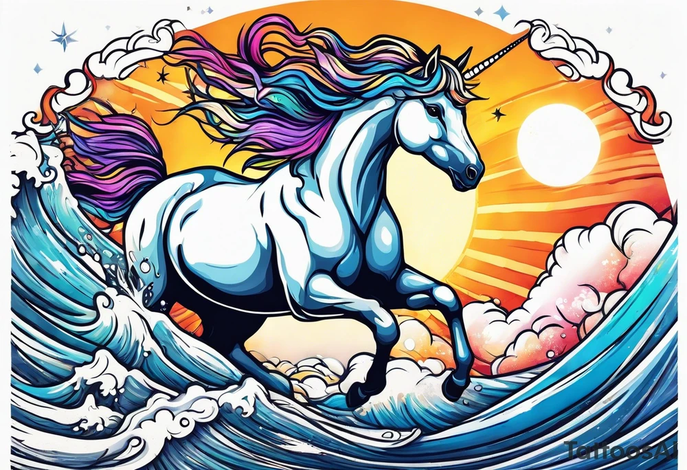 Unicorn jumping over a PENGUIN with the sun tattoo idea