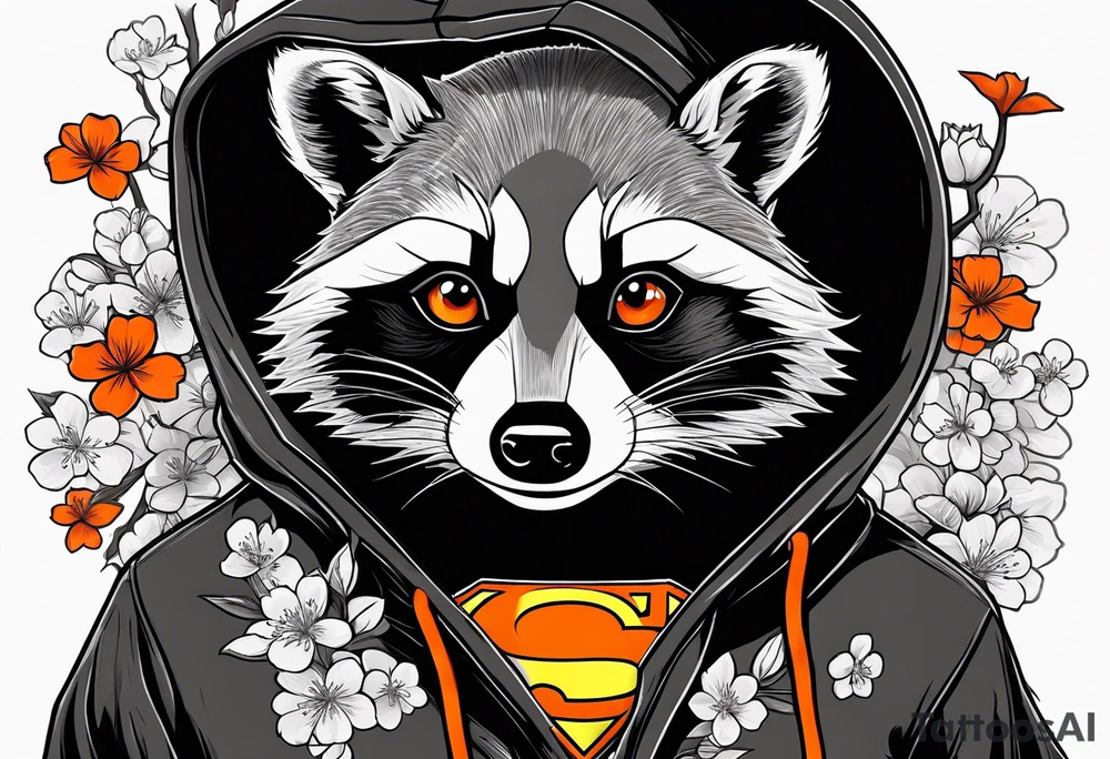 Raccoon wearing a white Superman logo on a black hoodie and orange Japanese cherry blossoms beside tattoo idea