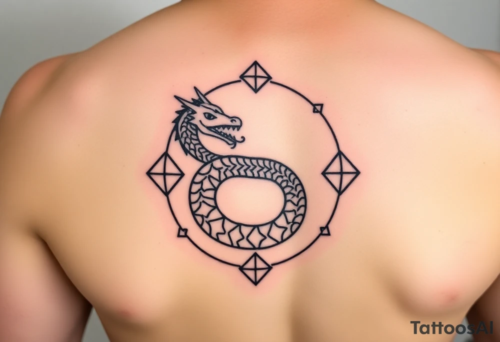 Ouroborous or dragon/serpent/snake eating its own tail in a figure 8 in negative space with geometric patterns on a leg tattoo design tattoo idea